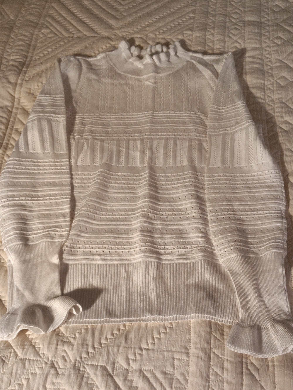 Almost Famous White Textured Ruffle Neck Sweater Top